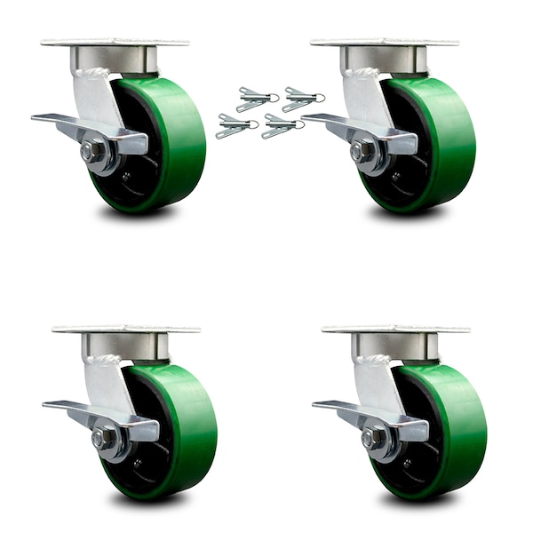 Service Caster 5 Inch Kingpinless Green Poly on Steel Wheel Caster Set Brake and Swivel Lock SCC-KP30S520-PUR-GB-SLB-BSL-4 - main